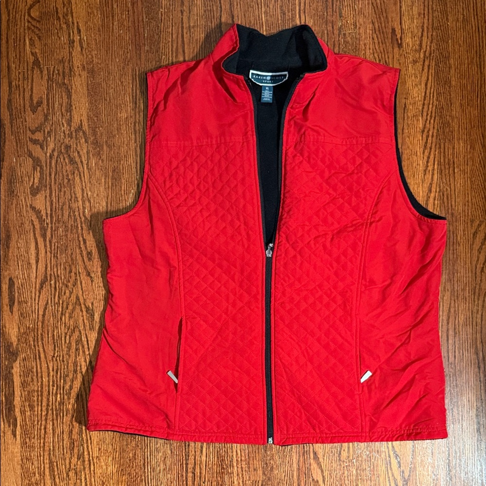 Karen Scott Red Quilted Zip-Front Vest with Black Trim